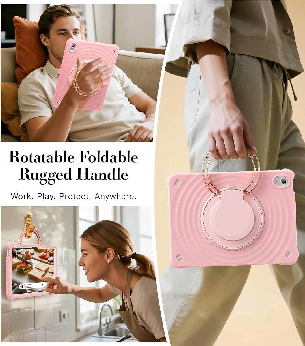 Foldable rose-gold ring handle used to carry an iPad between sites on field deployments