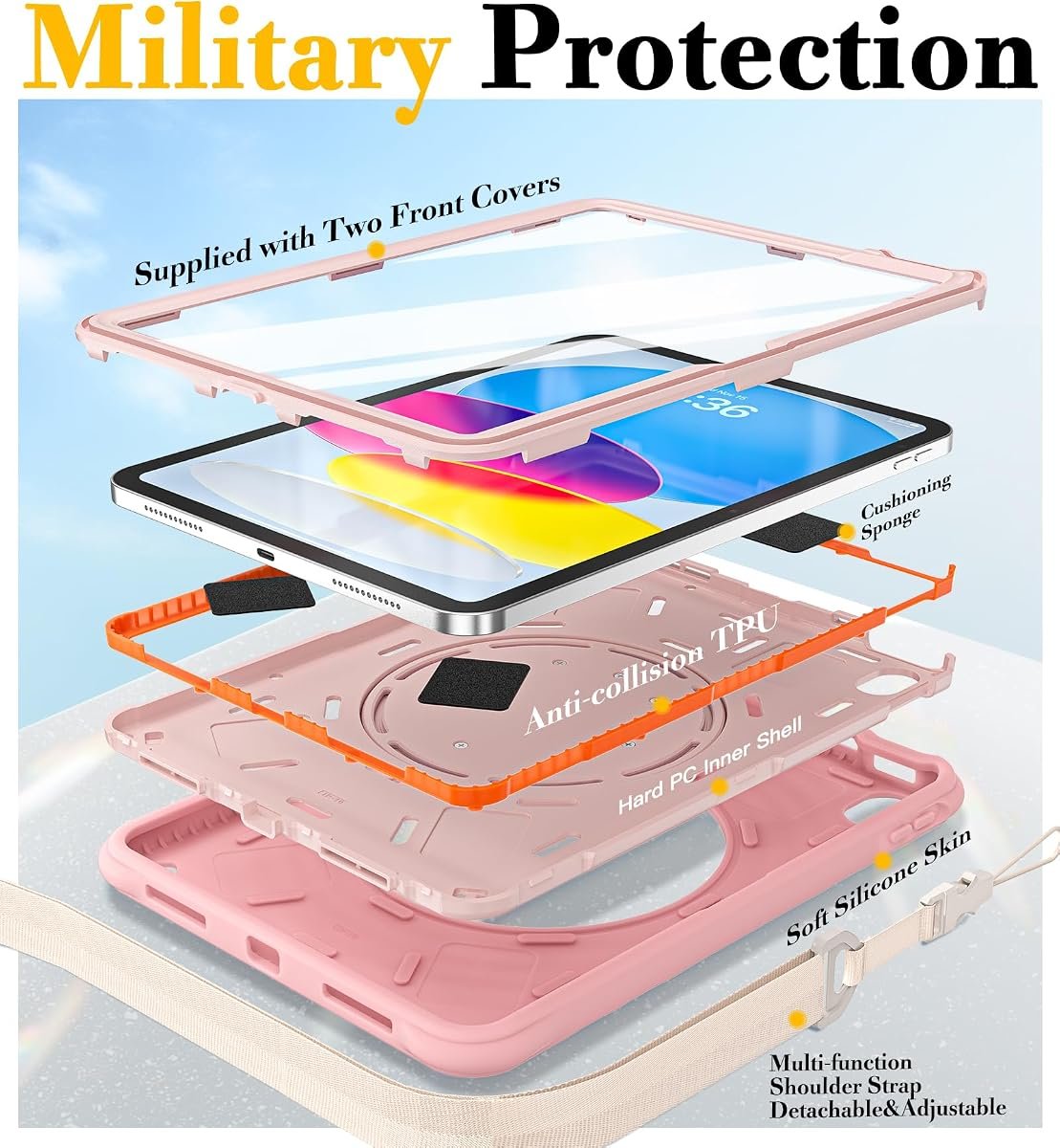 Exploded view of the case layers: silicone skin, hard polycarbonate inner shell, anti-collision TPU strips and corner sponge pads